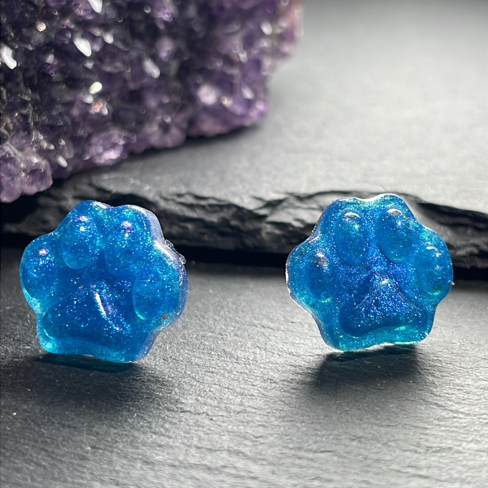 2/$18 Custom Blue Glitter Paw Stud Hand Poured Resin Earrings